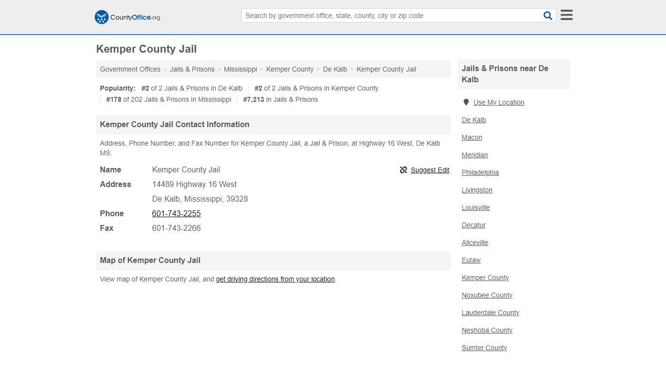 Kemper County Jail - De Kalb, MS (Address, Phone, and Fax)
